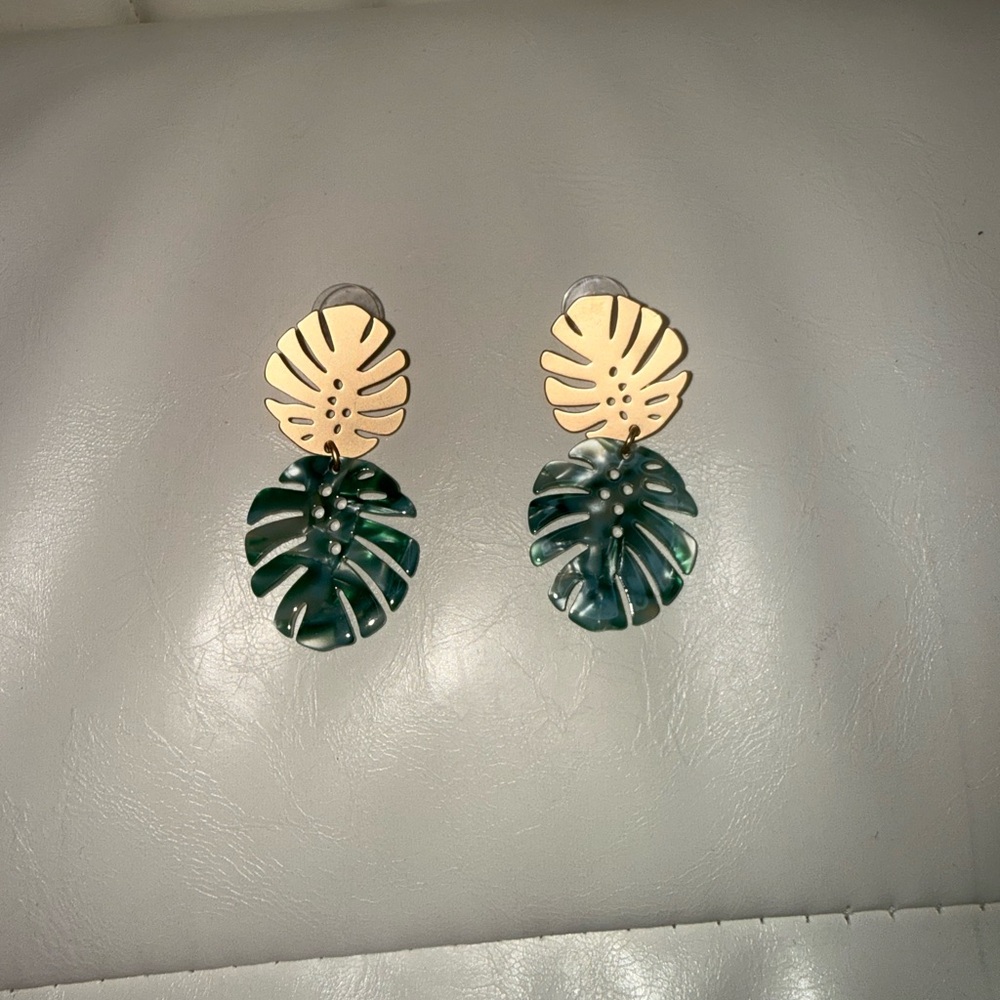 Gold and Green Leaf Drop Earrings